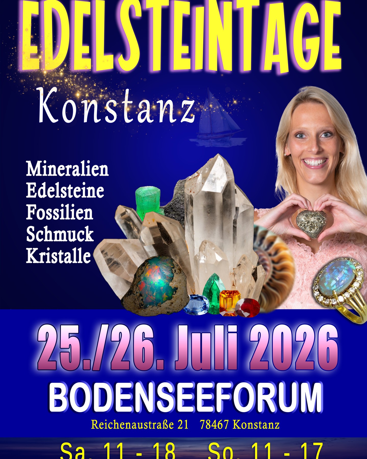 Vorschau auf einen unvergesslichen "Messe-Sommer"! 🌊🌞💦
Kommt Ende Juli 2026 zu den Edelsteintagen in Konstanz am wunderschönen Bodensee – dem Ort, an dem der Süden beginnt! 🌞
Taucht ein in die faszinierende Welt von Edelsteinen, Mineralien, Fossilien und Schmuck.
💎 Wir können es kaum erwarten, euch dort zu sehen😍
Kinder bis 14 Jahre haben in Begleitung eines Erwachsenen freien Eintritt👨👩👧👧
#Edelsteintage2026 #Konstanz #Bodensee #Edelsteine #Mineralien #Schmuck #Fossilien # #Kristalle #Steine #Juwelen #Schmuckliebe #Mineralienmesse #CrystalEvents
